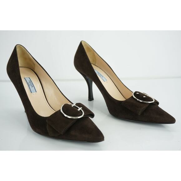 Prada Brown Suede Leather Pointy Bow Toe Heel Pumps Strap Bow - Picture 4 of 12